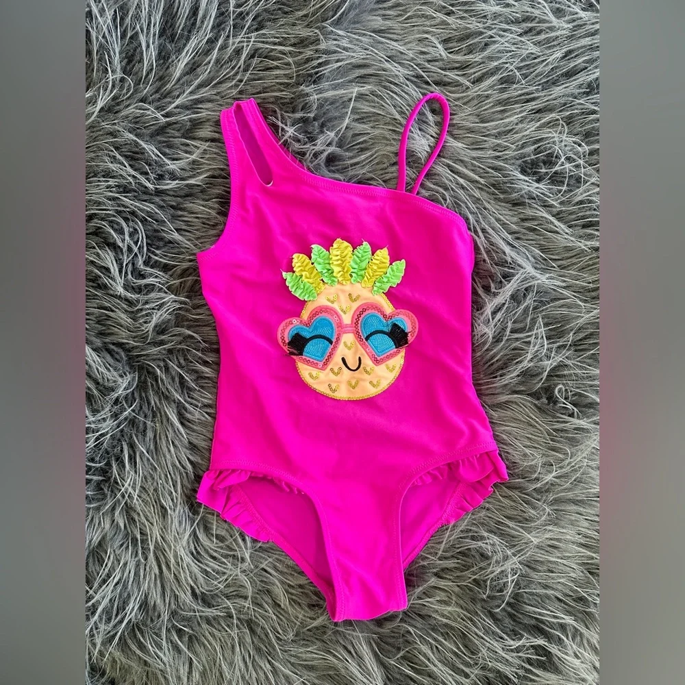 Pink One-Shoulder Swimsuit with Pineapple Design